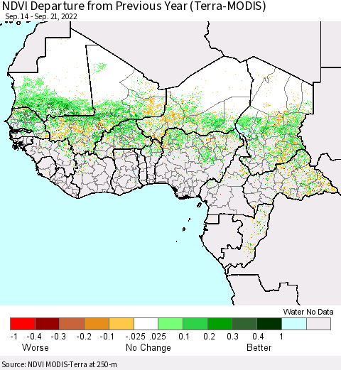 Western Africa NDVI Departure from Previous Year (Terra-MODIS) Thematic Map For 9/14/2022 - 9/21/2022