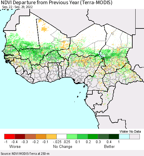 Western Africa NDVI Departure from Previous Year (Terra-MODIS) Thematic Map For 9/22/2022 - 9/29/2022