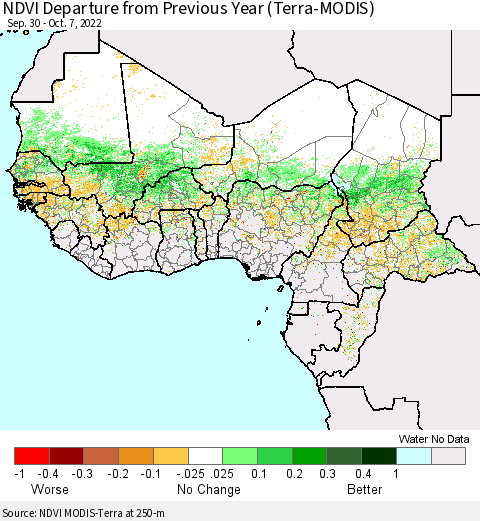 Western Africa NDVI Departure from Previous Year (Terra-MODIS) Thematic Map For 9/30/2022 - 10/7/2022
