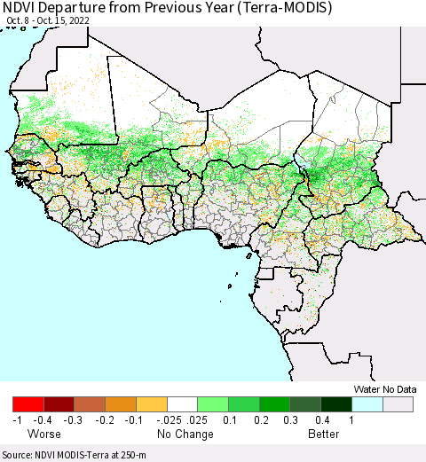 Western Africa NDVI Departure from Previous Year (Terra-MODIS) Thematic Map For 10/8/2022 - 10/15/2022