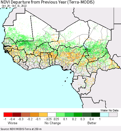 Western Africa NDVI Departure from Previous Year (Terra-MODIS) Thematic Map For 10/24/2022 - 10/31/2022