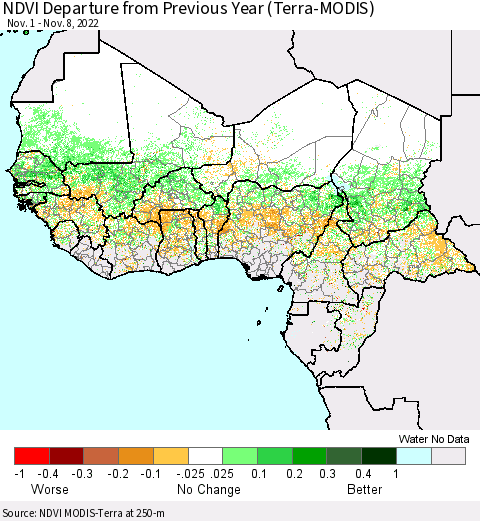 Western Africa NDVI Departure from Previous Year (Terra-MODIS) Thematic Map For 11/1/2022 - 11/8/2022