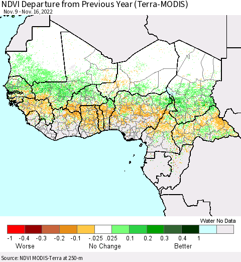 Western Africa NDVI Departure from Previous Year (Terra-MODIS) Thematic Map For 11/9/2022 - 11/16/2022