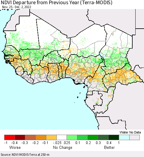 Western Africa NDVI Departure from Previous Year (Terra-MODIS) Thematic Map For 11/25/2022 - 12/2/2022