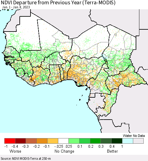 Western Africa NDVI Departure from Previous Year (Terra-MODIS) Thematic Map For 1/1/2023 - 1/8/2023