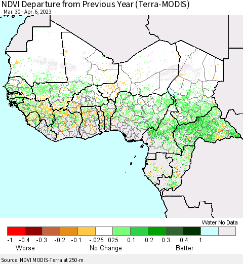 Western Africa NDVI Departure from Previous Year (Terra-MODIS) Thematic Map For 3/30/2023 - 4/6/2023