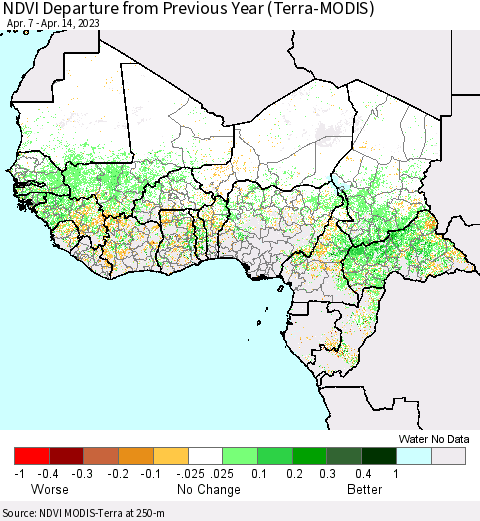 Western Africa NDVI Departure from Previous Year (Terra-MODIS) Thematic Map For 4/7/2023 - 4/14/2023