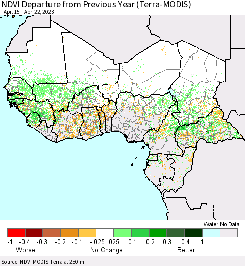 Western Africa NDVI Departure from Previous Year (Terra-MODIS) Thematic Map For 4/15/2023 - 4/22/2023