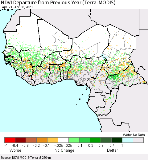 Western Africa NDVI Departure from Previous Year (Terra-MODIS) Thematic Map For 4/23/2023 - 4/30/2023