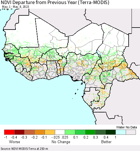 Western Africa NDVI Departure from Previous Year (Terra-MODIS) Thematic Map For 5/1/2023 - 5/8/2023