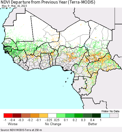 Western Africa NDVI Departure from Previous Year (Terra-MODIS) Thematic Map For 5/9/2023 - 5/16/2023