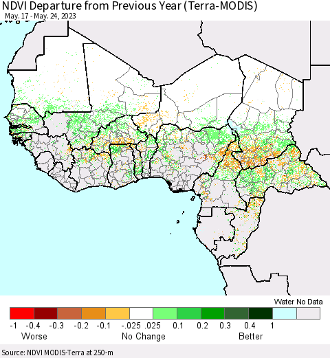 Western Africa NDVI Departure from Previous Year (Terra-MODIS) Thematic Map For 5/17/2023 - 5/24/2023