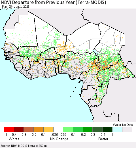 Western Africa NDVI Departure from Previous Year (Terra-MODIS) Thematic Map For 5/25/2023 - 6/1/2023