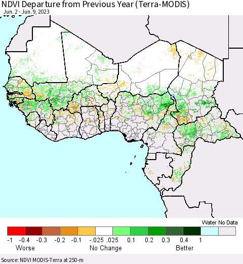 Western Africa NDVI Departure from Previous Year (Terra-MODIS) Thematic Map For 6/2/2023 - 6/9/2023