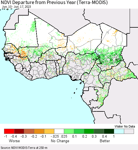 Western Africa NDVI Departure from Previous Year (Terra-MODIS) Thematic Map For 6/10/2023 - 6/17/2023