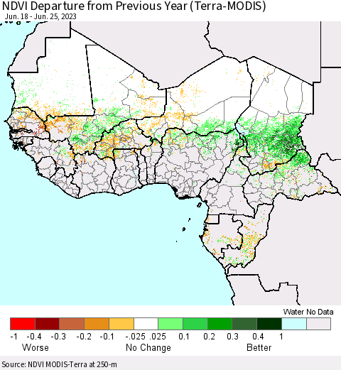 Western Africa NDVI Departure from Previous Year (Terra-MODIS) Thematic Map For 6/18/2023 - 6/25/2023