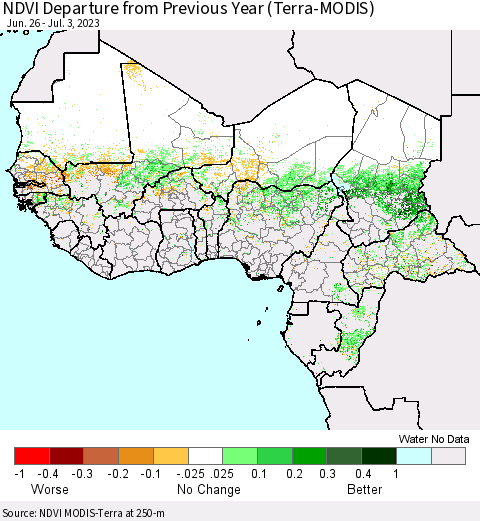 Western Africa NDVI Departure from Previous Year (Terra-MODIS) Thematic Map For 6/26/2023 - 7/3/2023