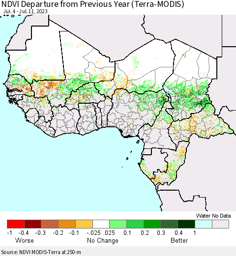 Western Africa NDVI Departure from Previous Year (Terra-MODIS) Thematic Map For 7/4/2023 - 7/11/2023