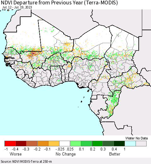 Western Africa NDVI Departure from Previous Year (Terra-MODIS) Thematic Map For 7/12/2023 - 7/19/2023