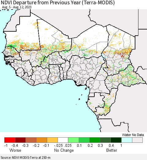Western Africa NDVI Departure from Previous Year (Terra-MODIS) Thematic Map For 8/5/2023 - 8/12/2023