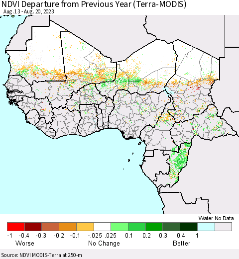 Western Africa NDVI Departure from Previous Year (Terra-MODIS) Thematic Map For 8/13/2023 - 8/20/2023