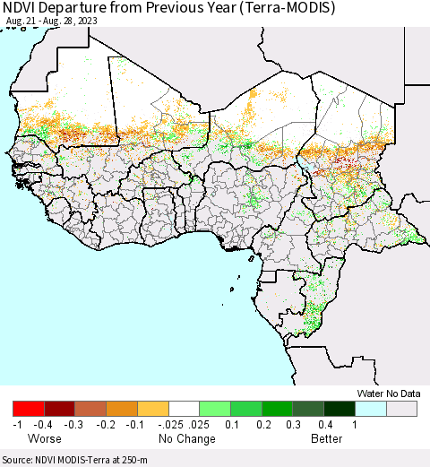 Western Africa NDVI Departure from Previous Year (Terra-MODIS) Thematic Map For 8/21/2023 - 8/28/2023