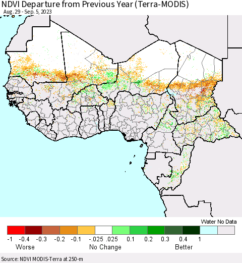 Western Africa NDVI Departure from Previous Year (Terra-MODIS) Thematic Map For 8/29/2023 - 9/5/2023