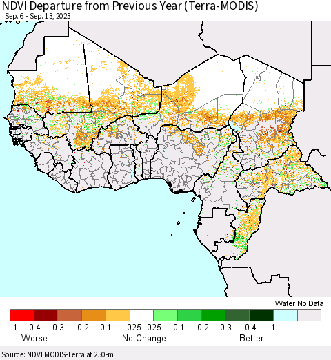 Western Africa NDVI Departure from Previous Year (Terra-MODIS) Thematic Map For 9/6/2023 - 9/13/2023