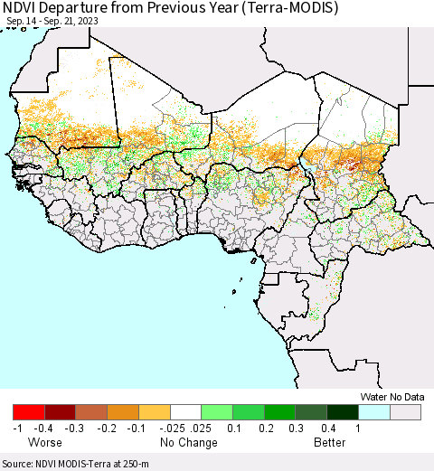 Western Africa NDVI Departure from Previous Year (Terra-MODIS) Thematic Map For 9/14/2023 - 9/21/2023