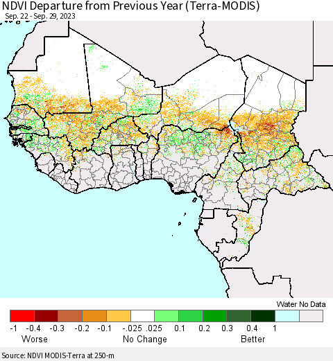 Western Africa NDVI Departure from Previous Year (Terra-MODIS) Thematic Map For 9/22/2023 - 9/29/2023