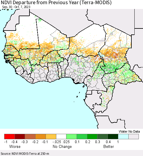 Western Africa NDVI Departure from Previous Year (Terra-MODIS) Thematic Map For 9/30/2023 - 10/7/2023