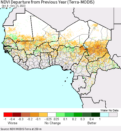 Western Africa NDVI Departure from Previous Year (Terra-MODIS) Thematic Map For 10/8/2023 - 10/15/2023