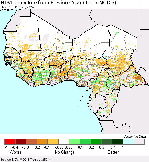 Western Africa NDVI Departure from Previous Year (Terra-MODIS) Thematic Map For 3/13/2024 - 3/20/2024