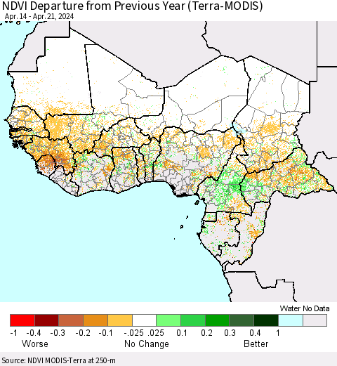 Western Africa NDVI Departure from Previous Year (Terra-MODIS) Thematic Map For 4/14/2024 - 4/21/2024