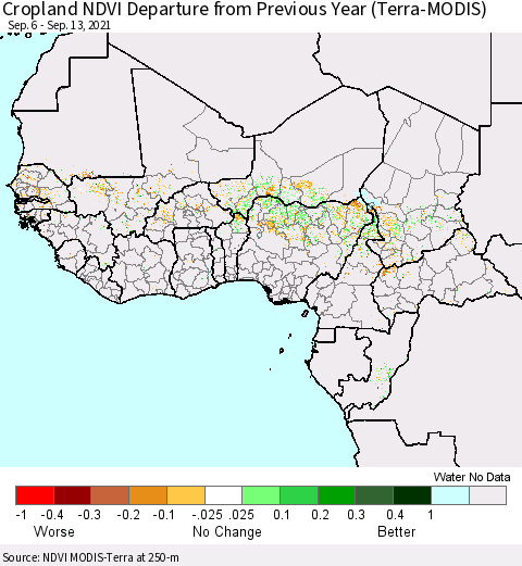 Western Africa Cropland NDVI Departure from Previous Year (Terra-MODIS) Thematic Map For 9/6/2021 - 9/13/2021
