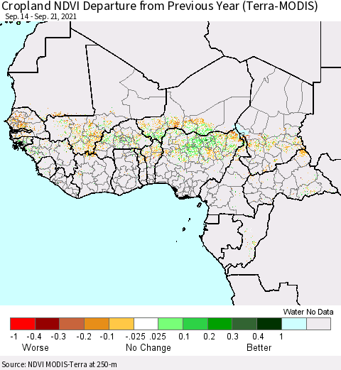 Western Africa Cropland NDVI Departure from Previous Year (Terra-MODIS) Thematic Map For 9/14/2021 - 9/21/2021