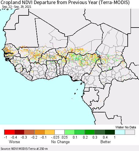 Western Africa Cropland NDVI Departure from Previous Year (Terra-MODIS) Thematic Map For 9/22/2021 - 9/29/2021