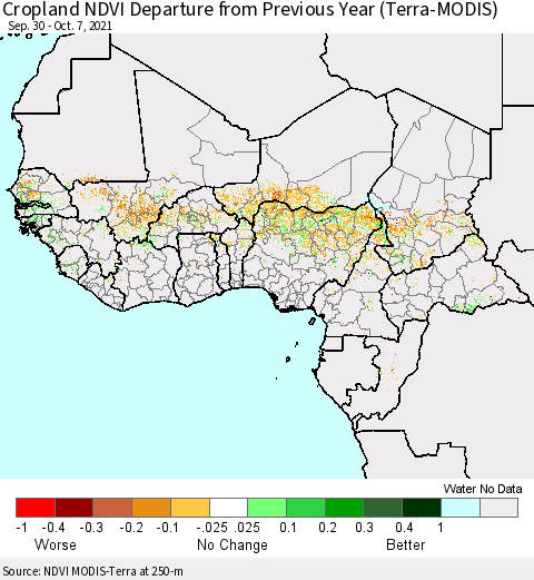 Western Africa Cropland NDVI Departure from Previous Year (Terra-MODIS) Thematic Map For 9/30/2021 - 10/7/2021
