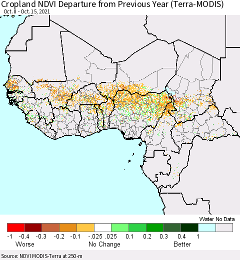 Western Africa Cropland NDVI Departure from Previous Year (Terra-MODIS) Thematic Map For 10/8/2021 - 10/15/2021