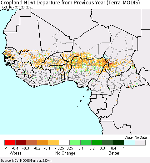 Western Africa Cropland NDVI Departure from Previous Year (Terra-MODIS) Thematic Map For 10/16/2021 - 10/23/2021
