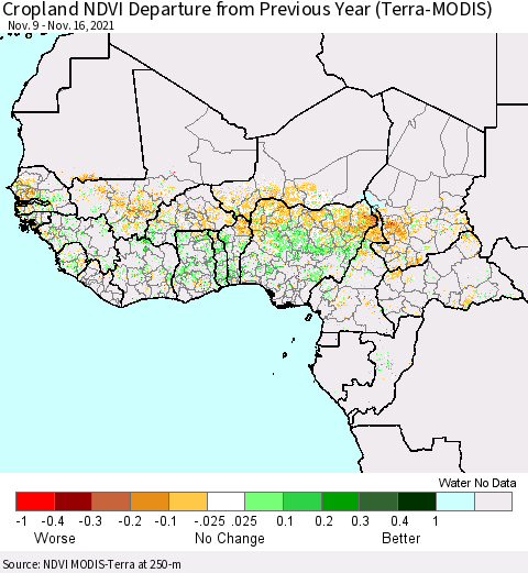 Western Africa Cropland NDVI Departure from Previous Year (Terra-MODIS) Thematic Map For 11/9/2021 - 11/16/2021