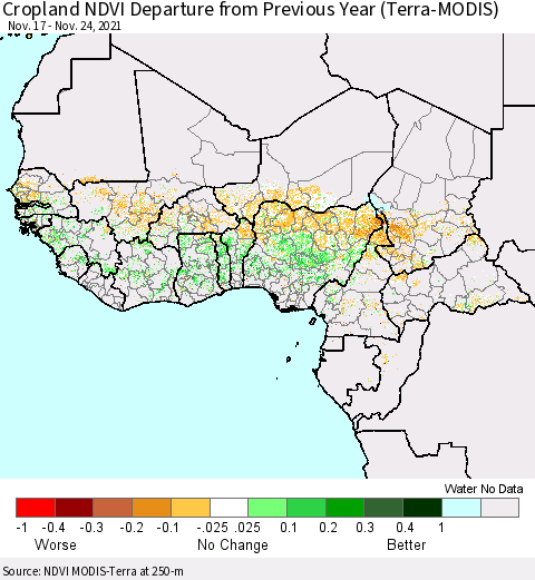 Western Africa Cropland NDVI Departure from Previous Year (Terra-MODIS) Thematic Map For 11/17/2021 - 11/24/2021