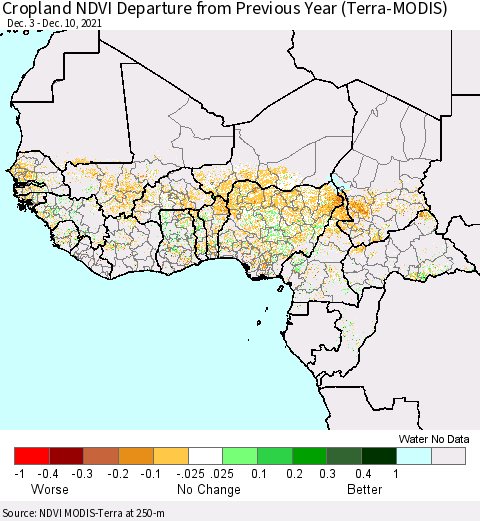Western Africa Cropland NDVI Departure from Previous Year (Terra-MODIS) Thematic Map For 12/3/2021 - 12/10/2021