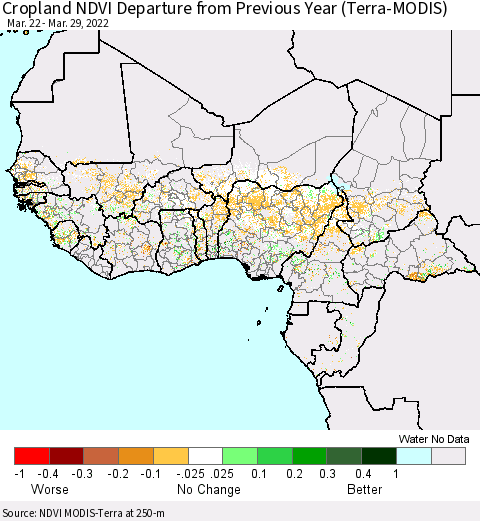 Western Africa Cropland NDVI Departure from Previous Year (Terra-MODIS) Thematic Map For 3/22/2022 - 3/29/2022