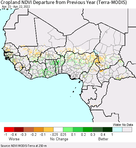 Western Africa Cropland NDVI Departure from Previous Year (Terra-MODIS) Thematic Map For 4/15/2022 - 4/22/2022