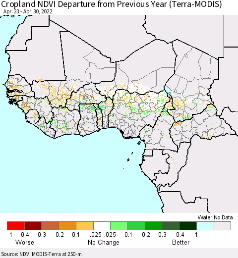 Western Africa Cropland NDVI Departure from Previous Year (Terra-MODIS) Thematic Map For 4/23/2022 - 4/30/2022