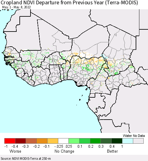 Western Africa Cropland NDVI Departure from Previous Year (Terra-MODIS) Thematic Map For 5/1/2022 - 5/8/2022