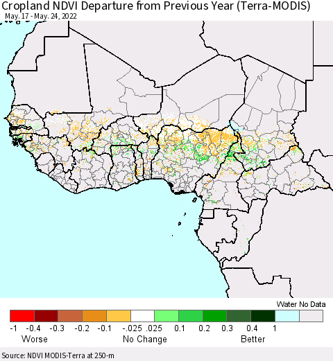 Western Africa Cropland NDVI Departure from Previous Year (Terra-MODIS) Thematic Map For 5/17/2022 - 5/24/2022
