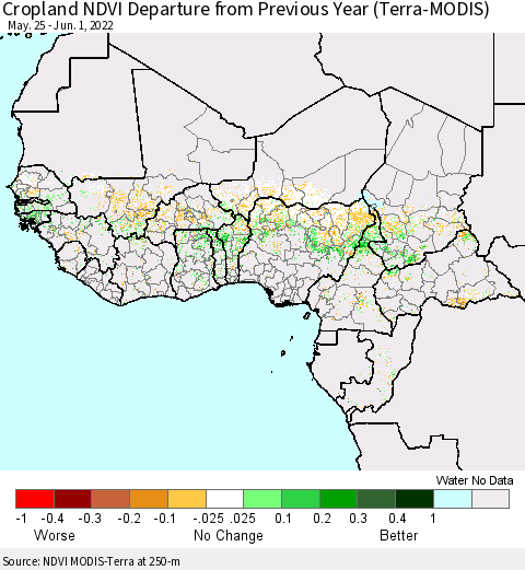 Western Africa Cropland NDVI Departure from Previous Year (Terra-MODIS) Thematic Map For 5/25/2022 - 6/1/2022
