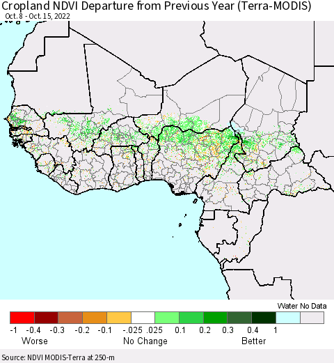 Western Africa Cropland NDVI Departure from Previous Year (Terra-MODIS) Thematic Map For 10/8/2022 - 10/15/2022